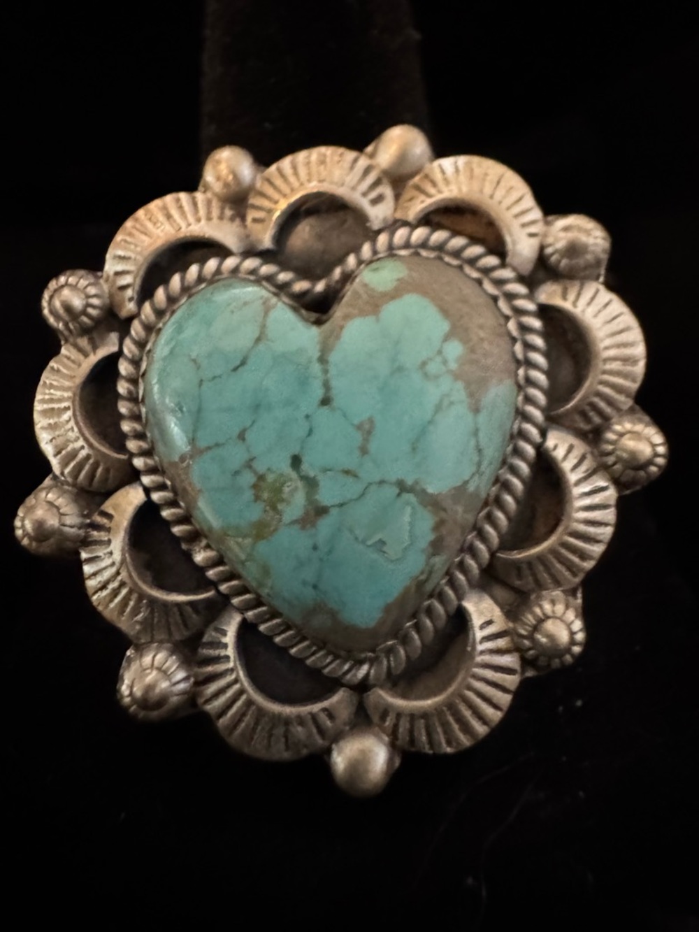 Genuine Kingman Turquoise Heart Statement Ring sterling silver Native made